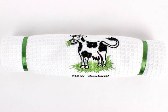 Embroidered pure cotton waffle weave souvenir tea towel 'cow' Code: T/T-EMB/COW